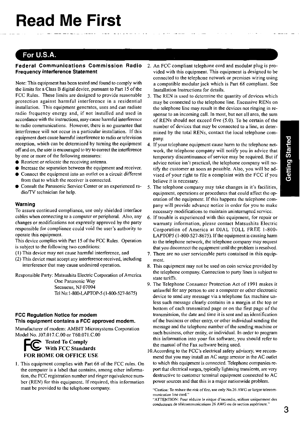 Read me first, Warning, Fcc regulation notice for modem | This equipment contains a fcc approved modem, For u.s.a | Panasonic CF-48 User Manual | Page 3 / 38