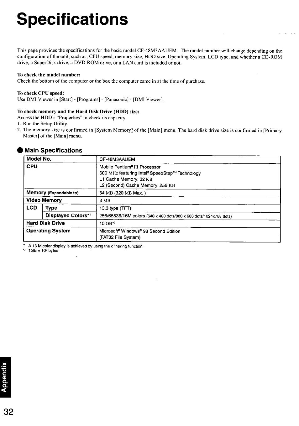 Specifications, 9 main specifications | Panasonic CF-48 User Manual | Page 32 / 38