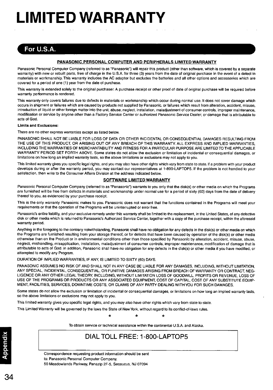 Limited warranty, For u.s.a | Panasonic CF-48 User Manual | Page 34 / 38