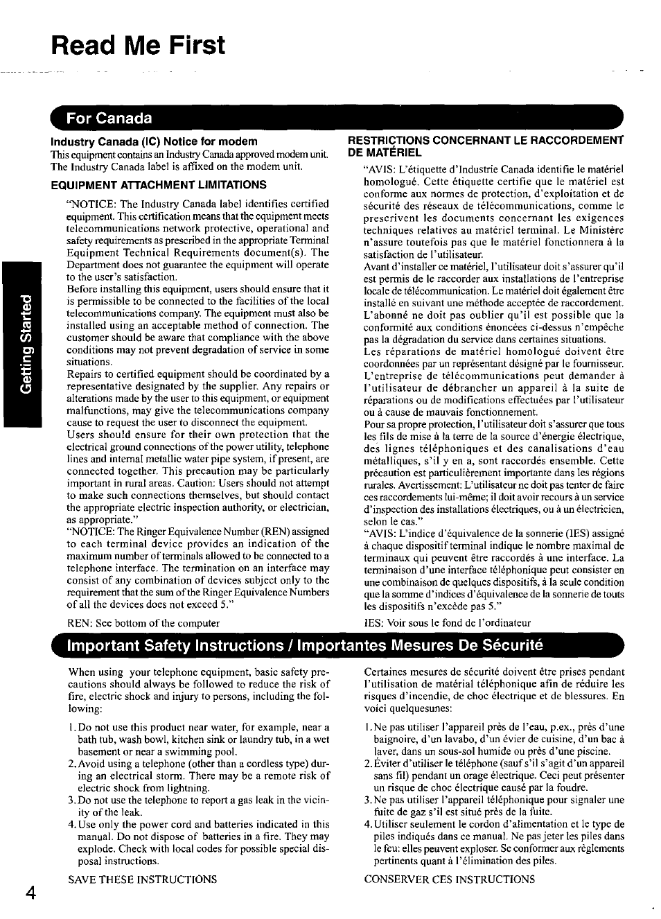 For canada, Industry canada (1c) notice for modem, Equipment attachment limitations | Read me first | Panasonic CF-48 User Manual | Page 4 / 38