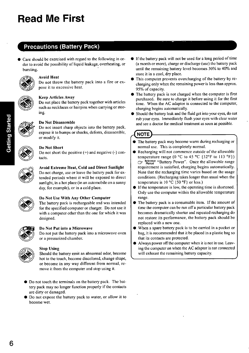 Precautions (battery pack), Read me first | Panasonic CF-48 User Manual | Page 6 / 38