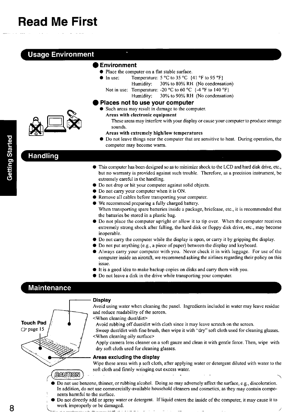 Usage environment, Handling, Maintenance | Display, Areas excluding the display, Read me first, Usage environment handling | Panasonic CF-48 User Manual | Page 8 / 38