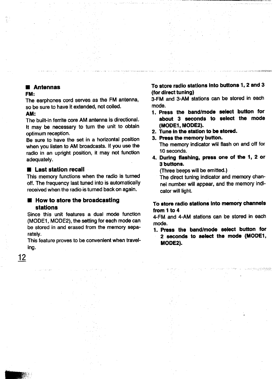 Antennas, Last station recall, How to store the broadcasting stations | Panasonic RQ-V200 User Manual | Page 12 / 16