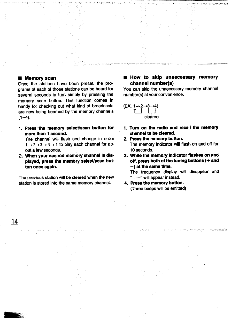 Memory scan, How to skip unnecessary memory channel number(s, Press the memory button | Panasonic RQ-V200 User Manual | Page 14 / 16