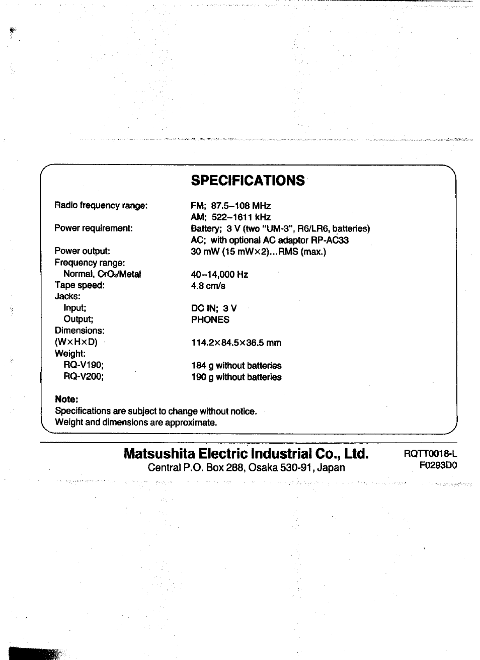 Specifications, Matsushita electric industrial co., ltd | Panasonic RQ-V200 User Manual | Page 16 / 16
