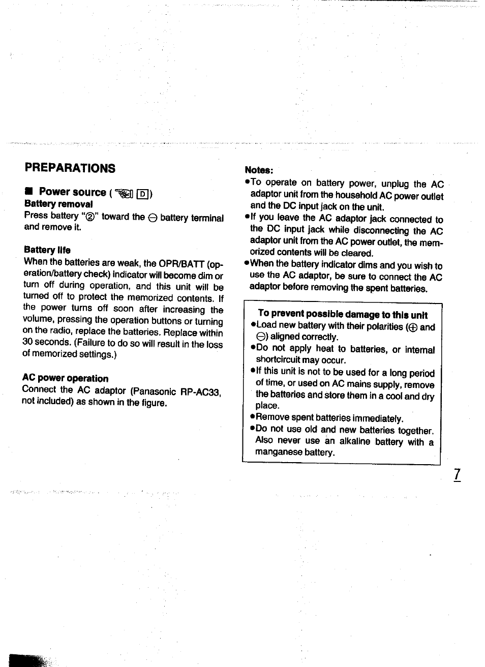 Power source, Battery life, Ac power operation | Notes | Panasonic RQ-V200 User Manual | Page 7 / 16