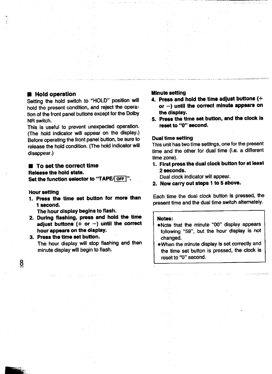 Hold operation, To set the correct time | Panasonic RQ-V200 User Manual | Page 8 / 16