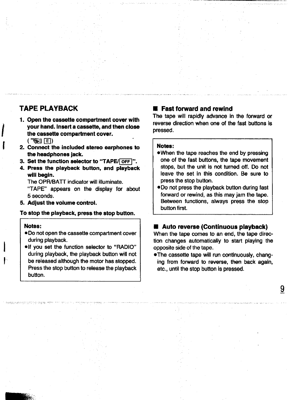 Tape playback, Set the function selector to “tape/[~off, Press the playback button, and playback will begin | Adjust the volume control, Fast forward and rewind, Auto reverse (continuous playback) | Panasonic RQ-V200 User Manual | Page 9 / 16