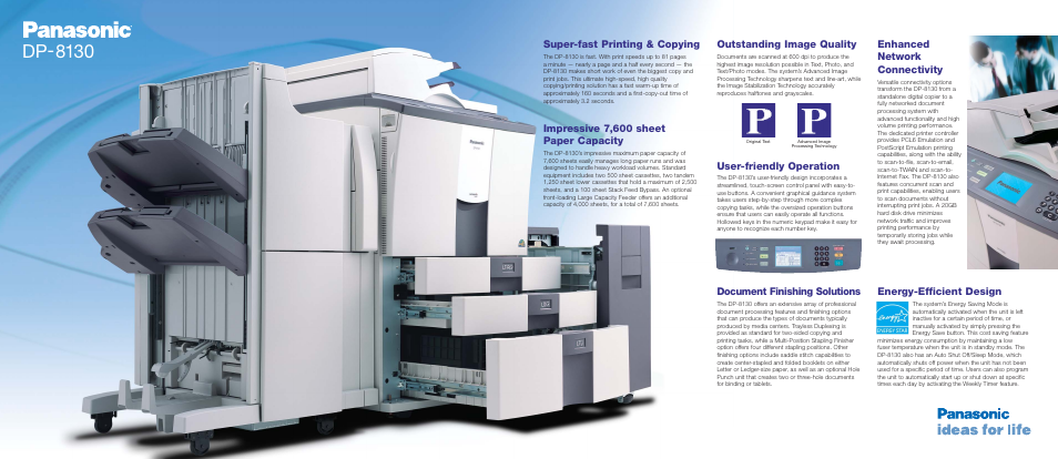 Dp-8130, Enhanced network connectivity, Energy-efficient design | Outstanding image quality, User-friendly operation, Document finishing solutions, Super-fast printing & copying, Impressive 7,600 sheet paper capacity | Panasonic DP-8130 User Manual | Page 3 / 6