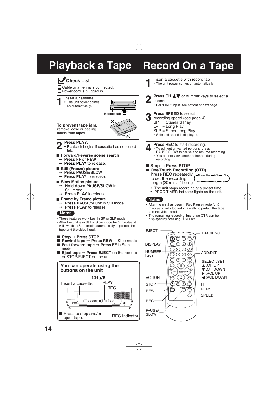 Playback a tape, Record on a tape, Record on a tape playback a tape 1 | Panasonic AG-520F User Manual | Page 14 / 36