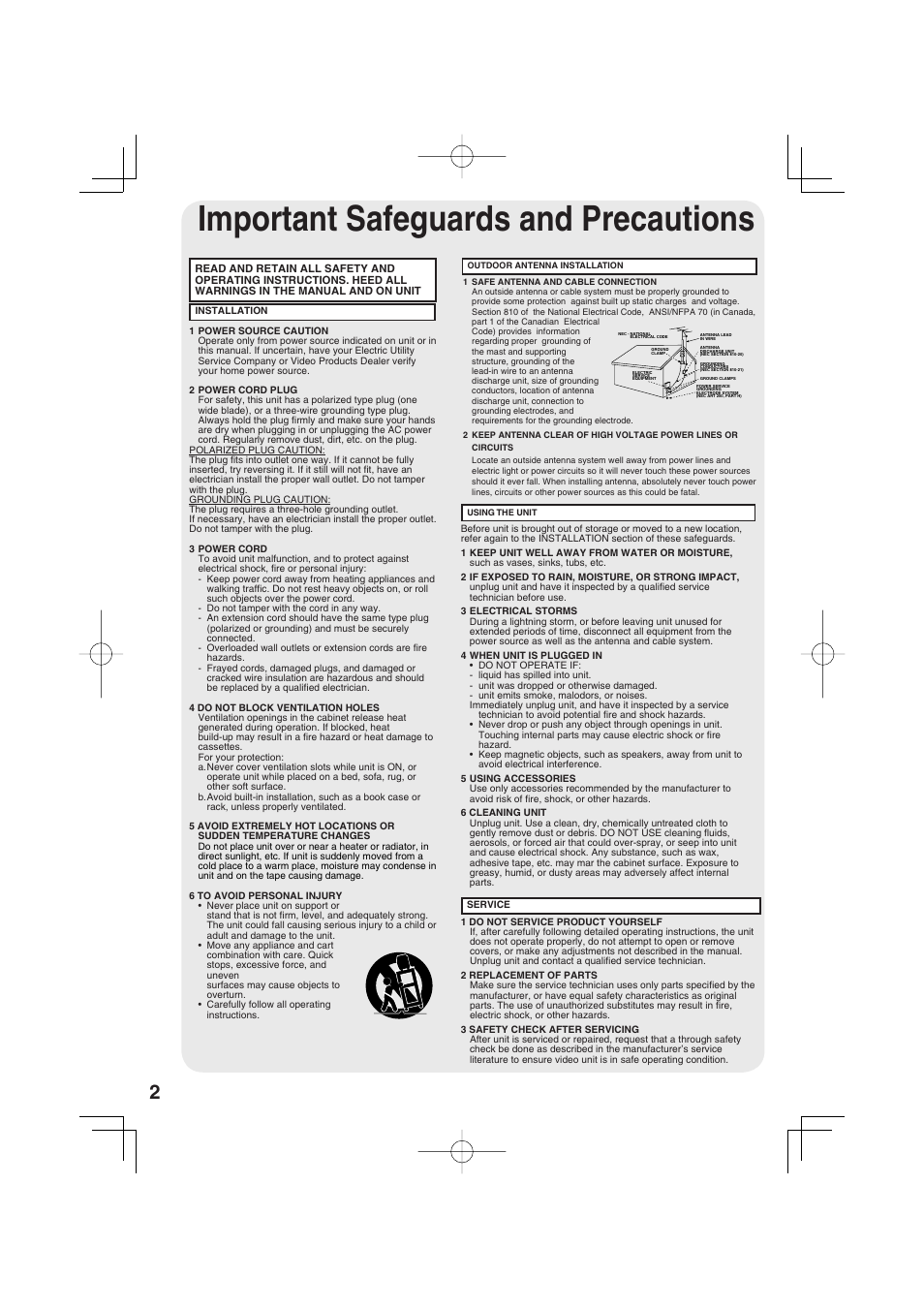 Initial setup, Important safeguards and precautions, Important safeguards and pre cau tions | Panasonic AG-520F User Manual | Page 2 / 36