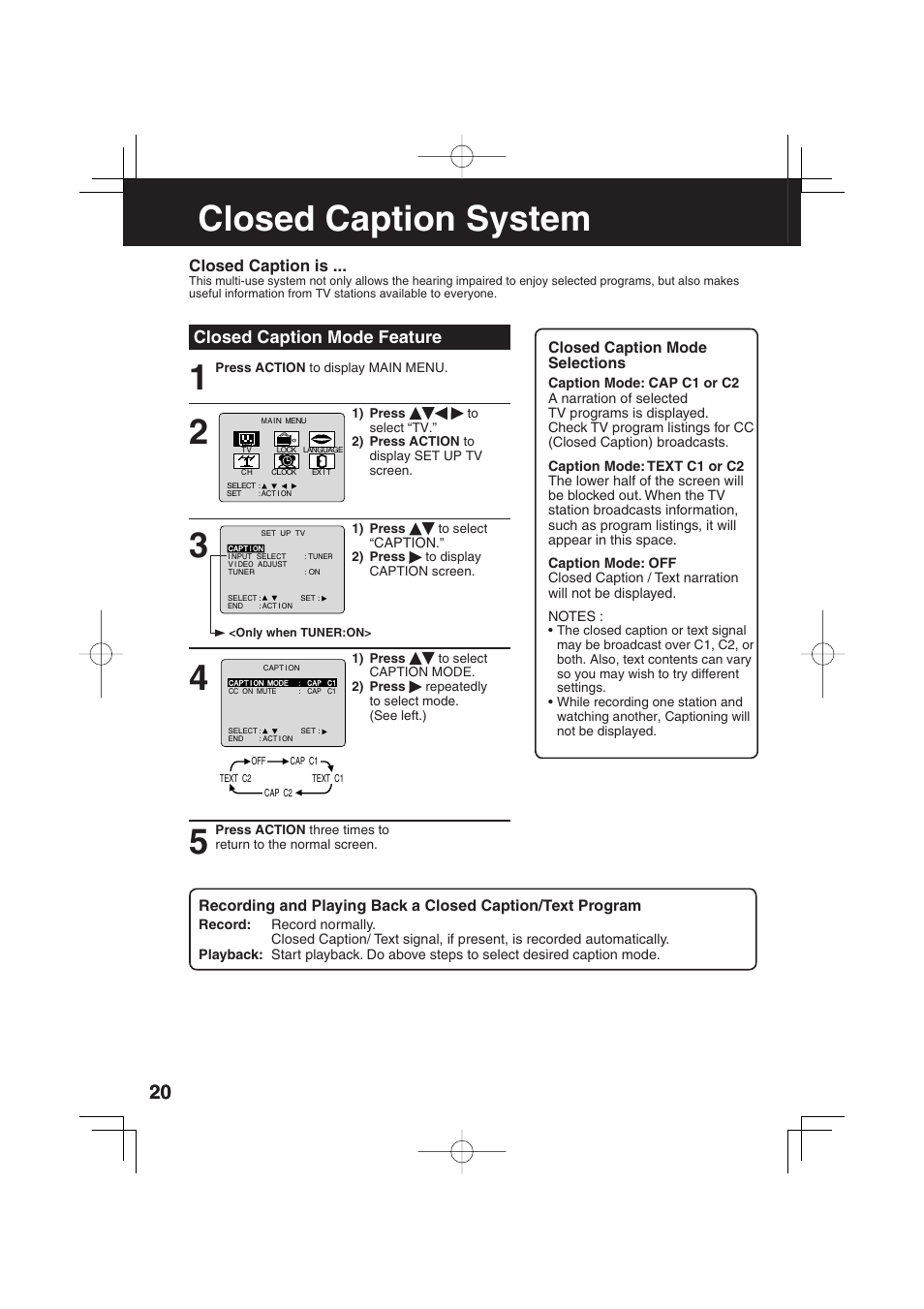 Closed caption system, Closed caption mode feature | Panasonic AG-520F User Manual | Page 20 / 36
