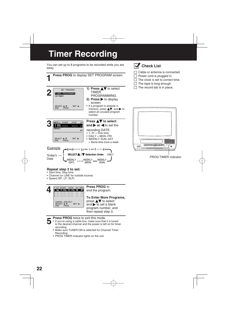 Timer operation, Timer recording | Panasonic AG-520F User Manual | Page 22 / 36