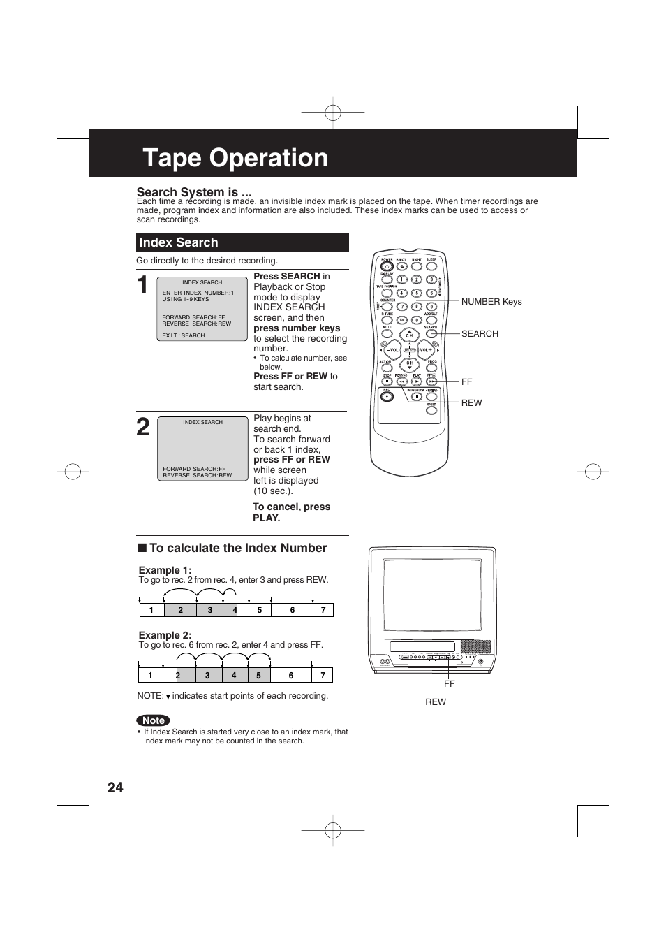 Advanced operation, Tape operation, Index search | Search system is | Panasonic AG-520F User Manual | Page 24 / 36