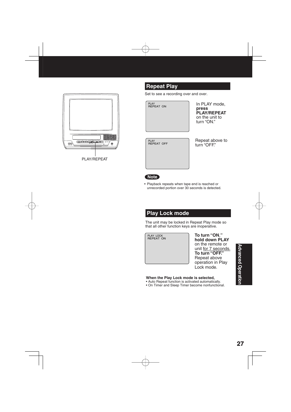 Repeat play, Play lock mode | Panasonic AG-520F User Manual | Page 27 / 36