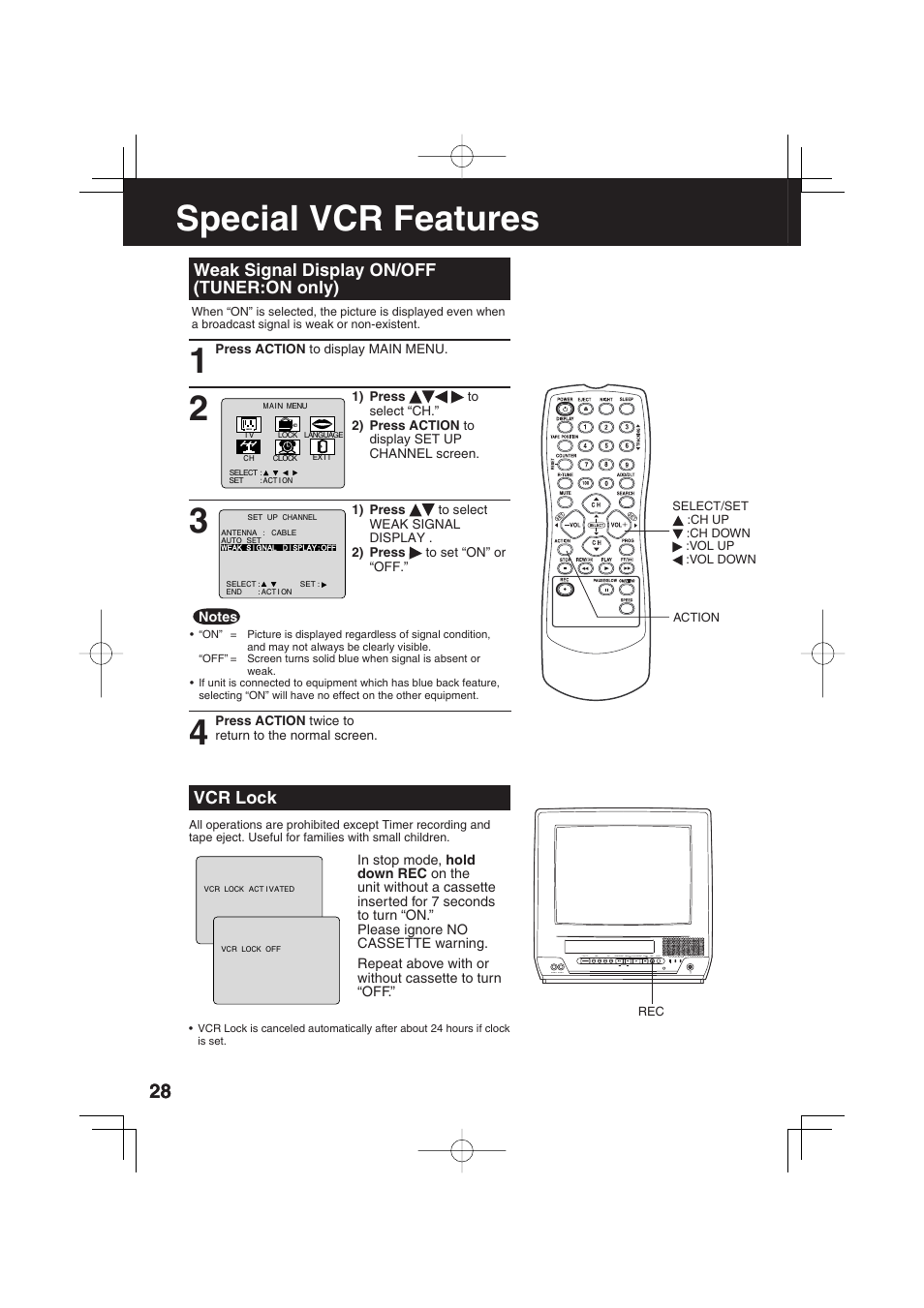 Special vcr features, Weak signal display on/off (tuner:on only), Vcr lock | Panasonic AG-520F User Manual | Page 28 / 36