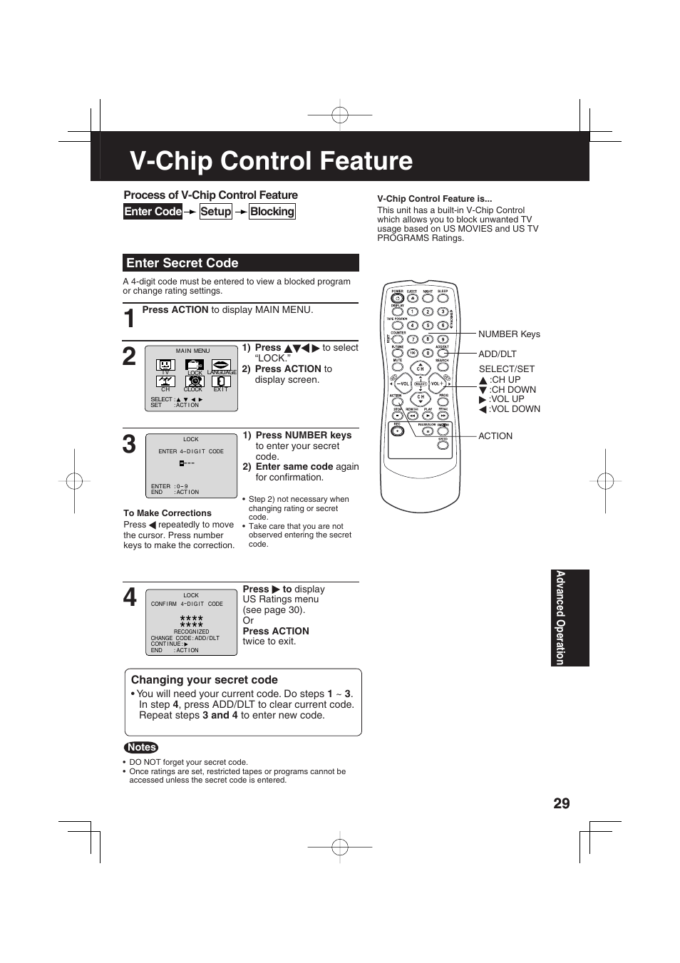 V-chip control feature, Enter secret code | Panasonic AG-520F User Manual | Page 29 / 36