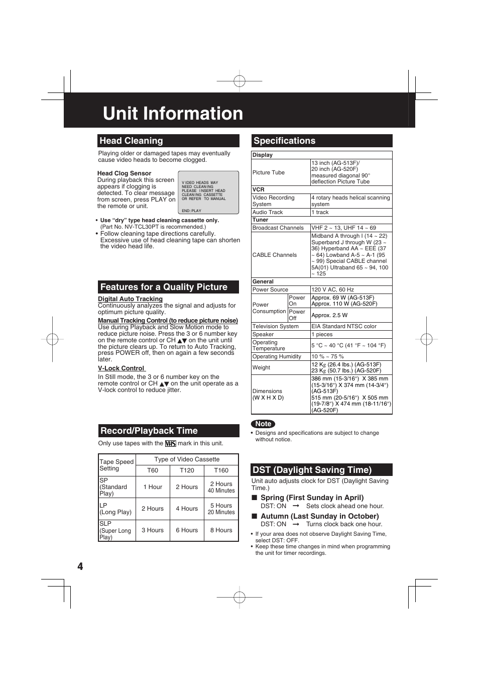 Unit information, Specifi cations, Head cleaning record/playback time | Dst (daylight saving time), Features for a quality picture | Panasonic AG-520F User Manual | Page 4 / 36