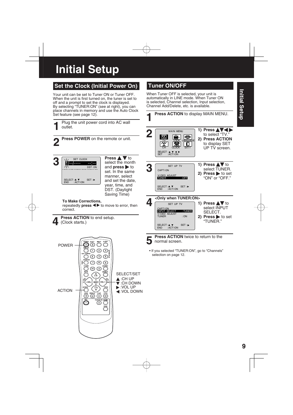 Initial setup, Tuner on/off, Set the clock (initial power on) | Panasonic AG-520F User Manual | Page 9 / 36