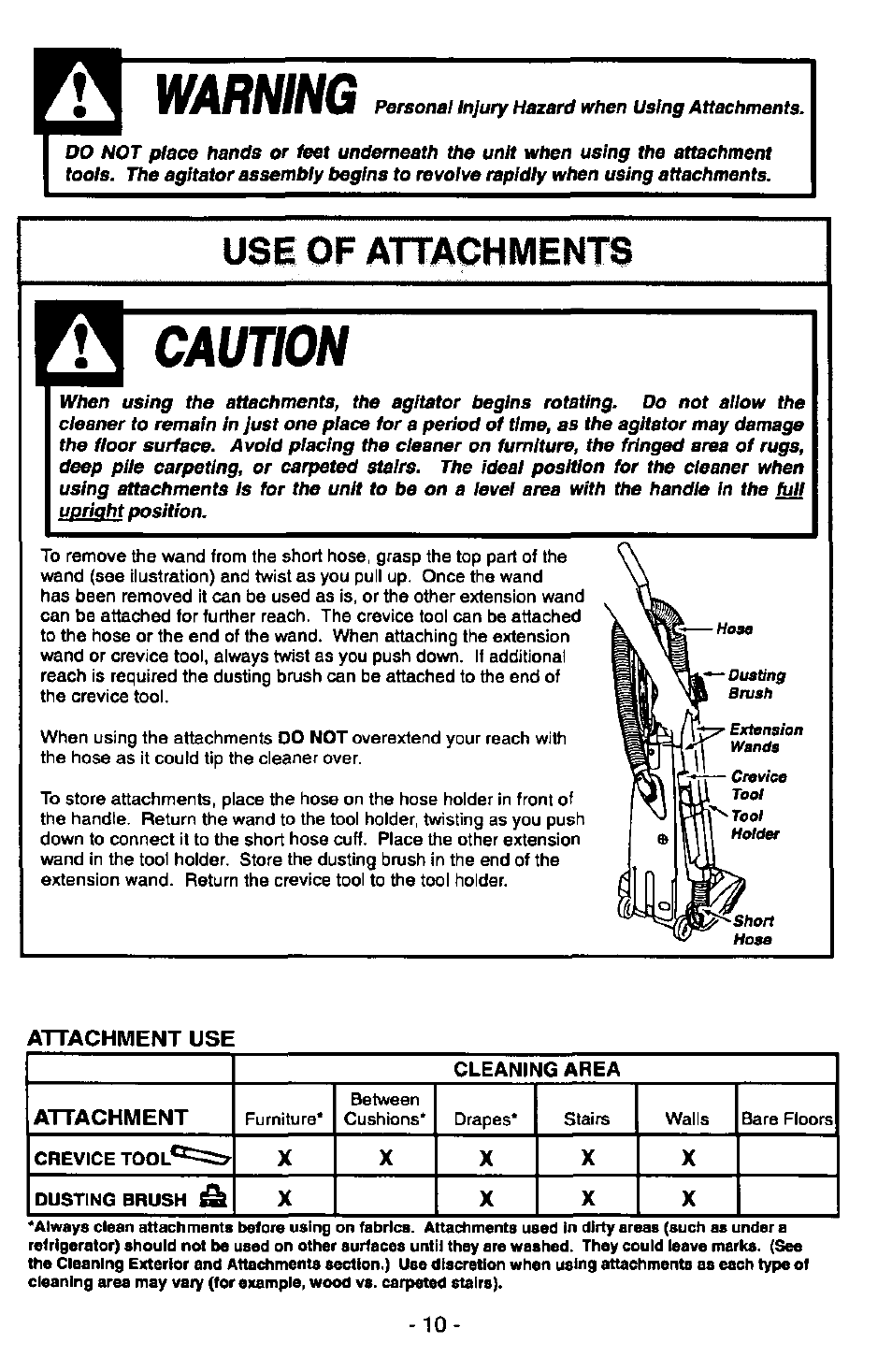 Attachment use, Warning, Caimon | Panasonic QUICKDRAW MC-V5340 User Manual | Page 10 / 20