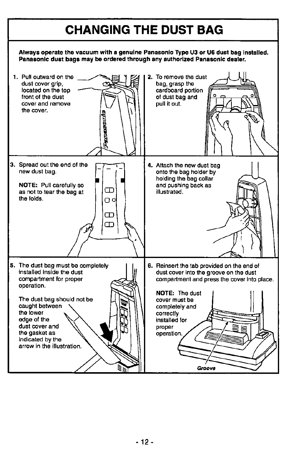 Changing the dust bag | Panasonic QUICKDRAW MC-V5340 User Manual | Page 12 / 20