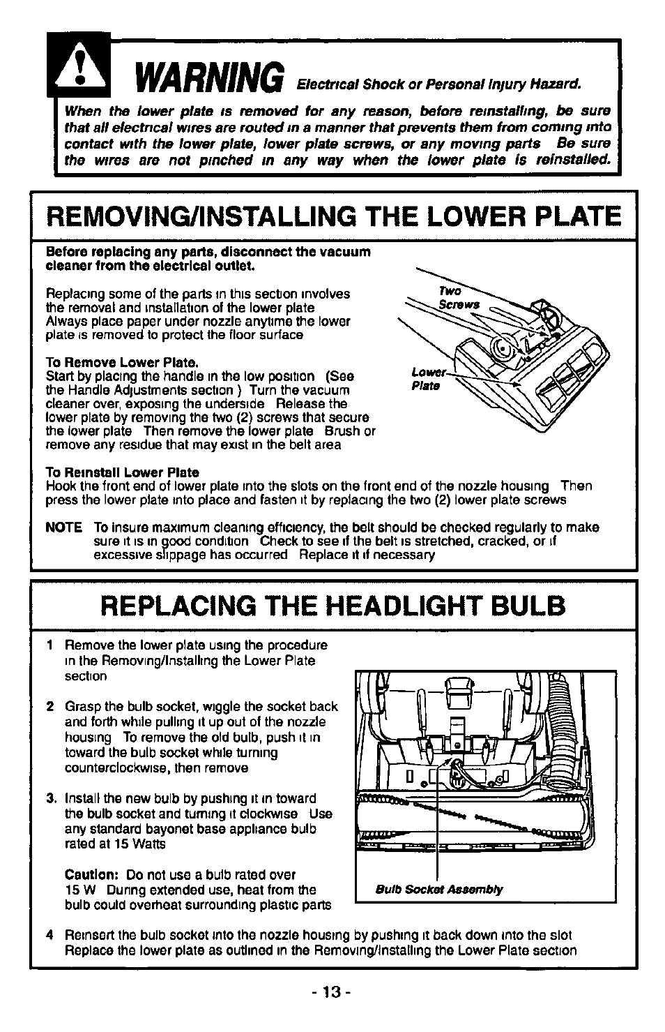 Removing/installing the lower plate, Removing/lnstalling the lower plate, Warning | Ncrlalrinv:i i lib iicaulluin i | Panasonic QUICKDRAW MC-V5340 User Manual | Page 13 / 20
