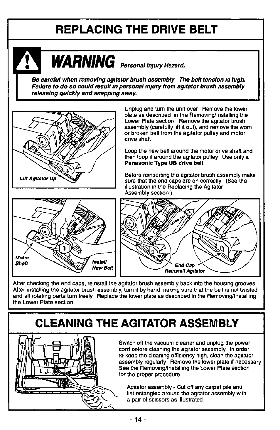 Cleaning the agitator assembly, Warning | Panasonic QUICKDRAW MC-V5340 User Manual | Page 14 / 20