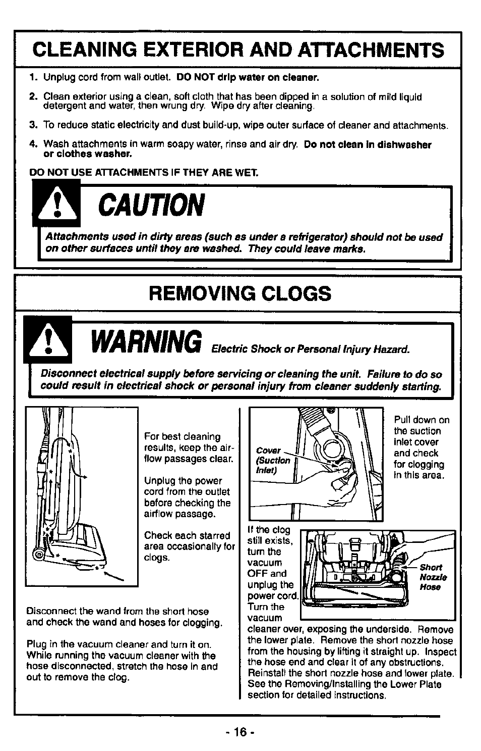 Cleantng exterior and attachments, Removing clogs, Cleaning exterior and attachments | Caution, Warning | Panasonic QUICKDRAW MC-V5340 User Manual | Page 16 / 20