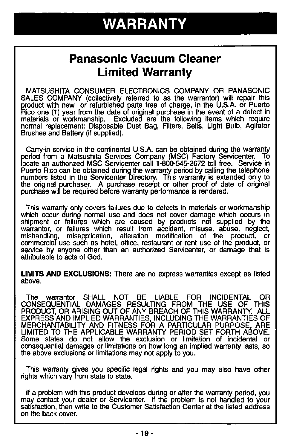 Warranty, Panasonic vacuum cleaner limited warranty | Panasonic QUICKDRAW MC-V5340 User Manual | Page 19 / 20
