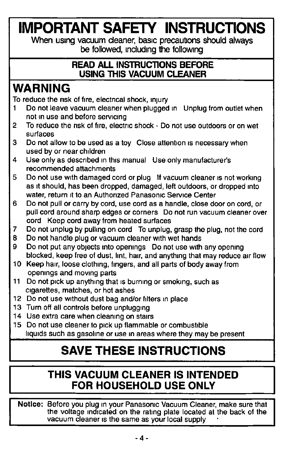 Important safety instructions, Warning, Save these instructions | Panasonic QUICKDRAW MC-V5340 User Manual | Page 4 / 20