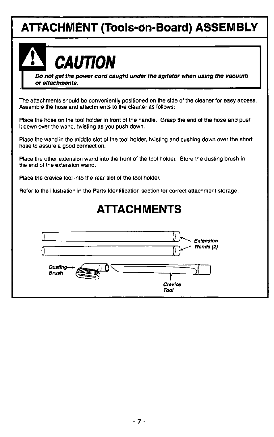 Armchmënt (fools-on-board) assembur, Attachments, Attachment (tools-on-board) assembly | Caution | Panasonic QUICKDRAW MC-V5340 User Manual | Page 7 / 20