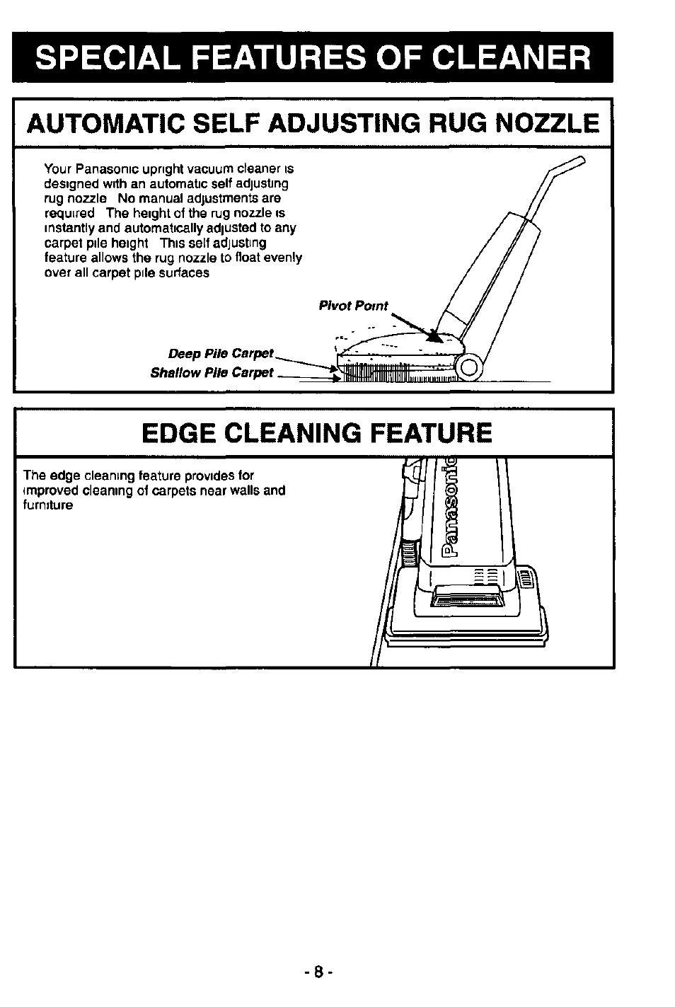 Special features of cleaner, Automatic self adjusting rug nozzle | Panasonic QUICKDRAW MC-V5340 User Manual | Page 8 / 20