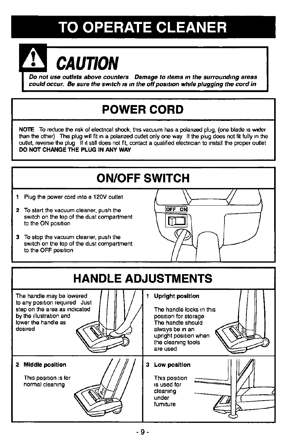 To operate cleaner, Power cord, On/off switch | Handle adjustments, Caution | Panasonic QUICKDRAW MC-V5340 User Manual | Page 9 / 20