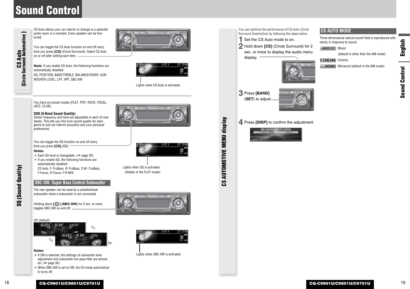 Sound control, General, English | Cs auto, Cs automotive menu display, Sq (sound quality) | Panasonic CQ-C9801U User Manual | Page 10 / 25