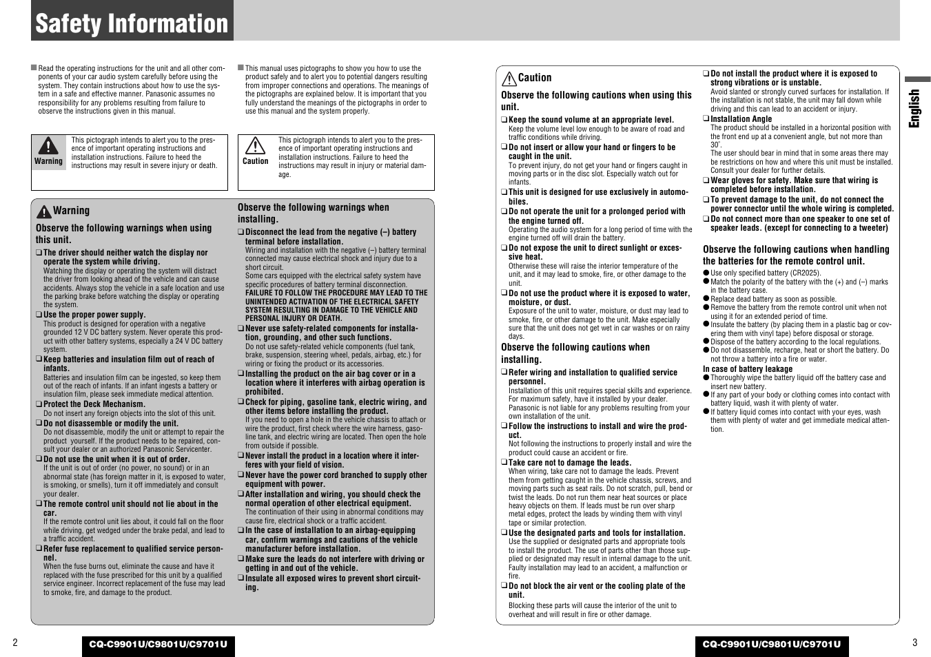 Common, Safety information, English | Panasonic CQ-C9801U User Manual | Page 2 / 25