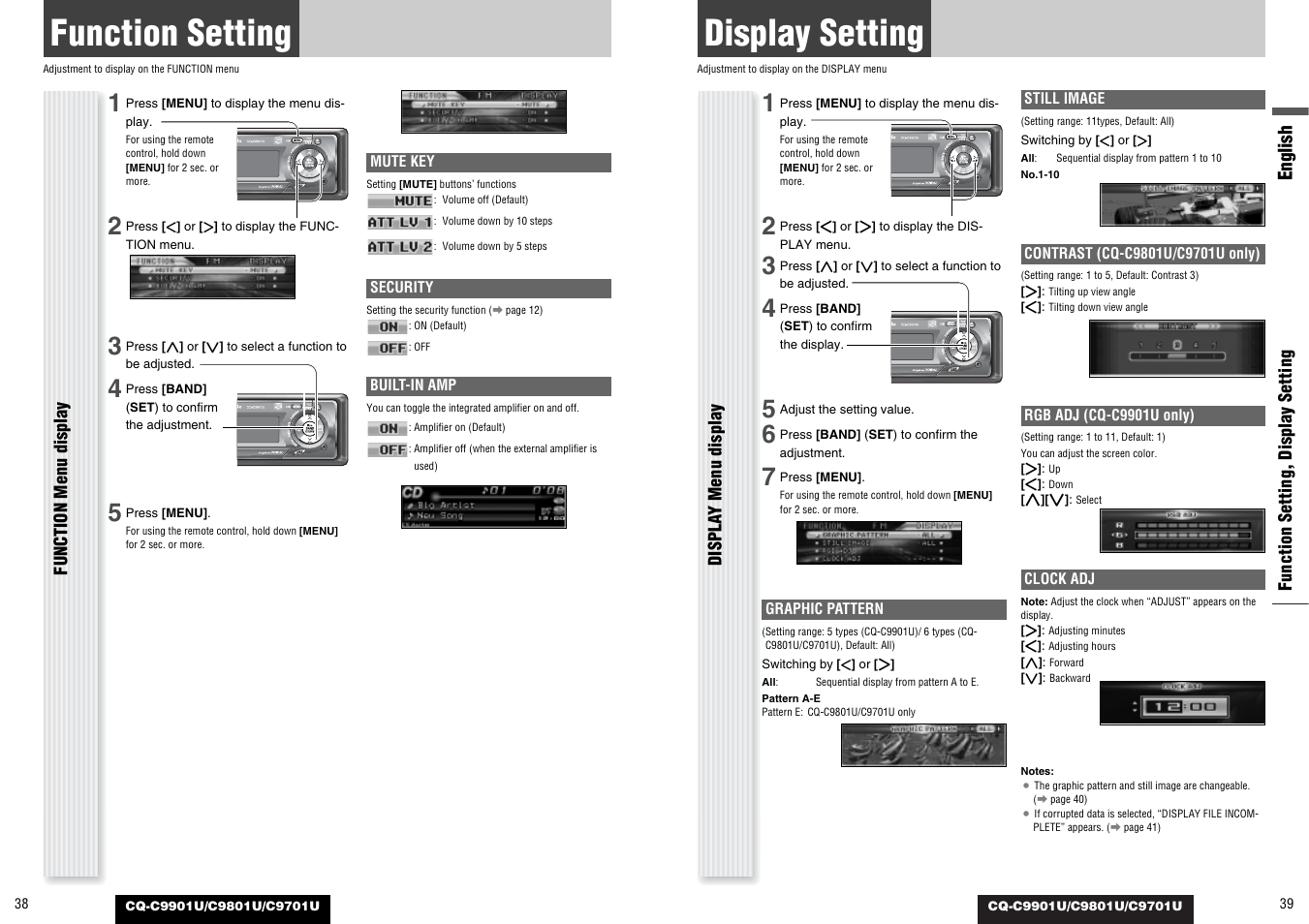 Function setting, Display setting, English | Panasonic CQ-C9801U User Manual | Page 20 / 25