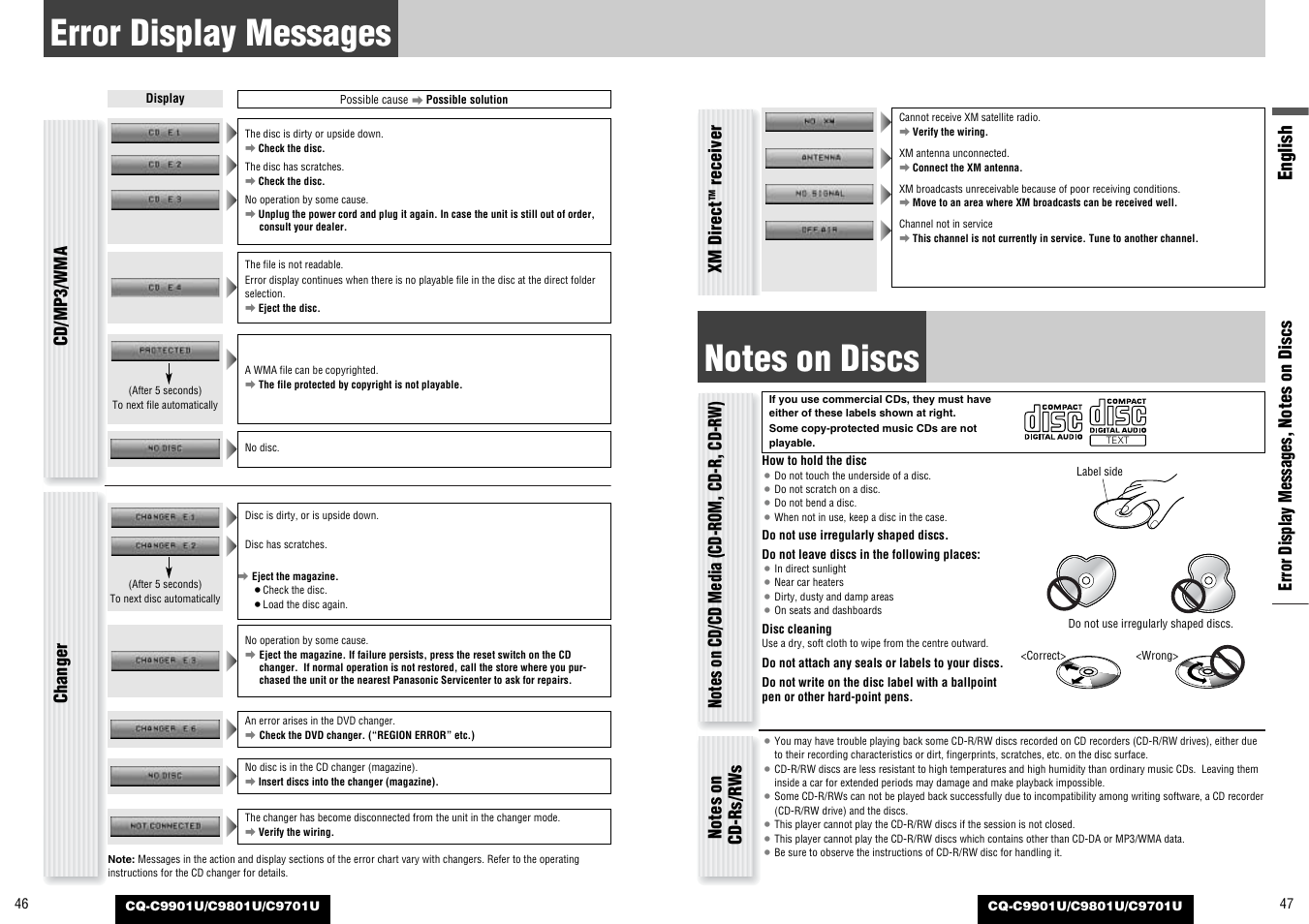 Error display messages, Notes on discs, English | Cd/mp3/wma, Xm direct, Receiver, Changer | Panasonic CQ-C9801U User Manual | Page 24 / 25