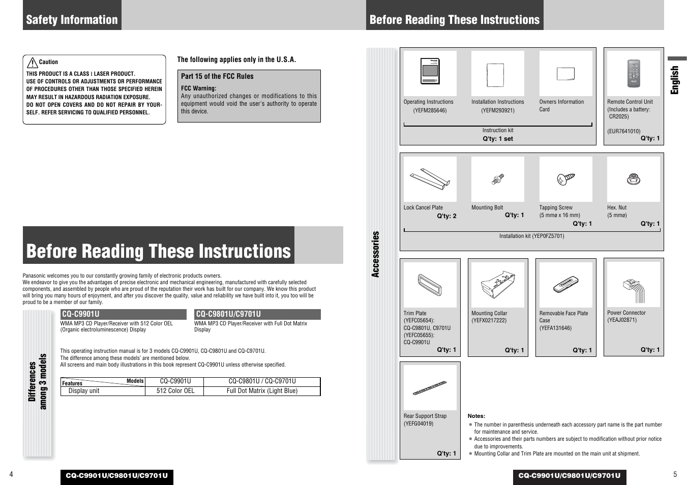 Before reading these instructions, Safety information | Panasonic CQ-C9801U User Manual | Page 3 / 25