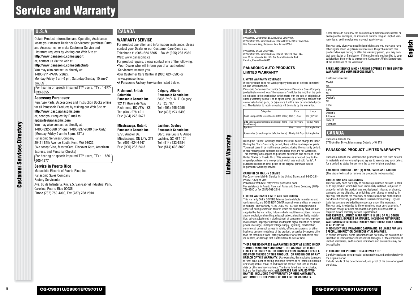 Service and warranty, English, Limited w a rranty customer ser vices director y | U.s.a, Canada | Panasonic CQ-C9801U User Manual | Page 4 / 25
