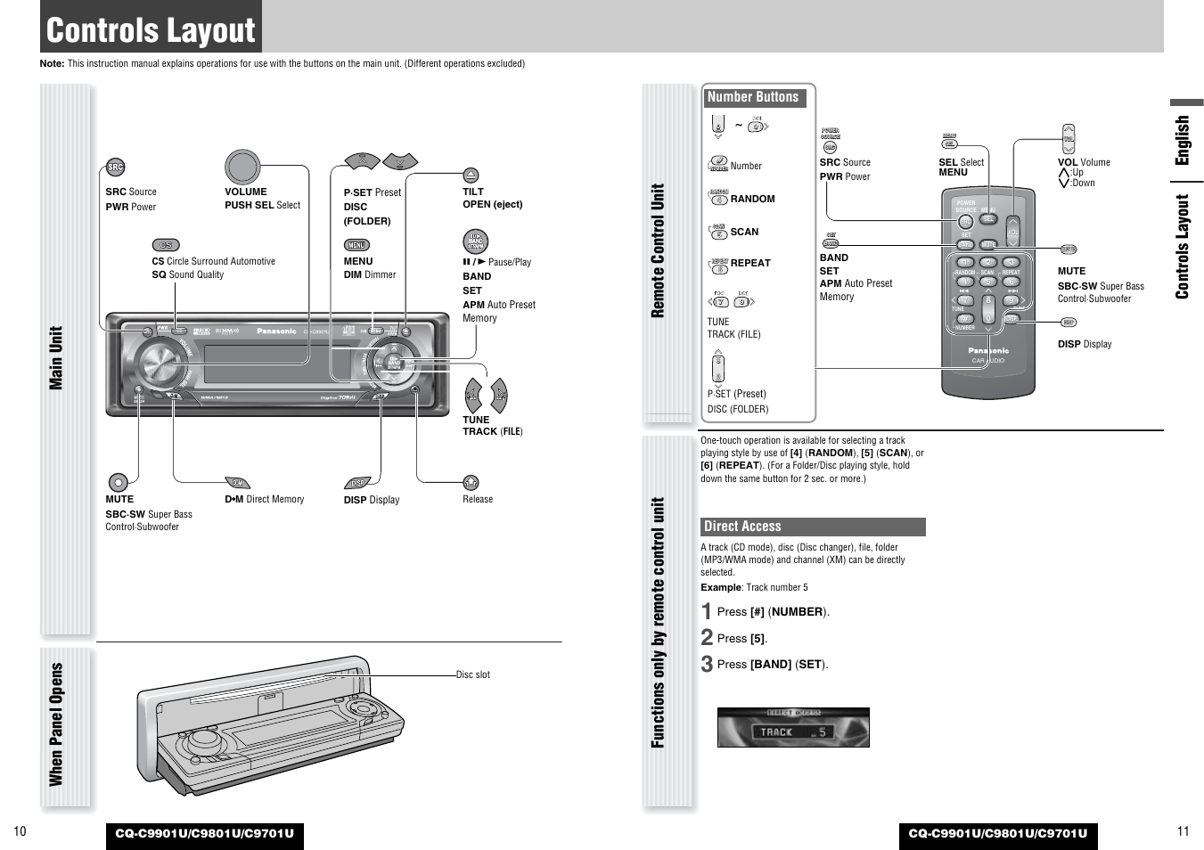 Controls layout, English, When panel opens | Direct access, Number buttons | Panasonic CQ-C9801U User Manual | Page 6 / 25