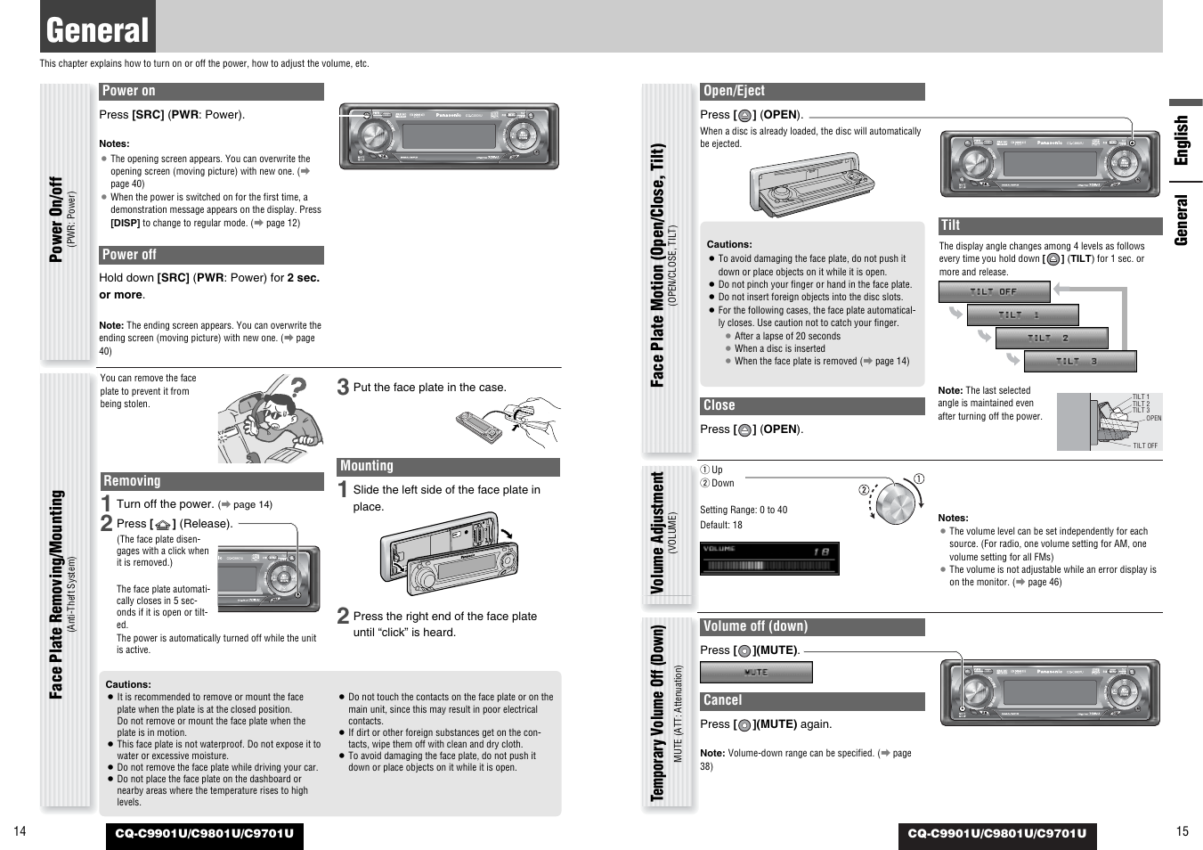 General, English, General power on/off | Face plate motion (open/close, t ilt), Volume adjustment, Temporar y v olume off (down), Face plate removing/mounting | Panasonic CQ-C9801U User Manual | Page 8 / 25
