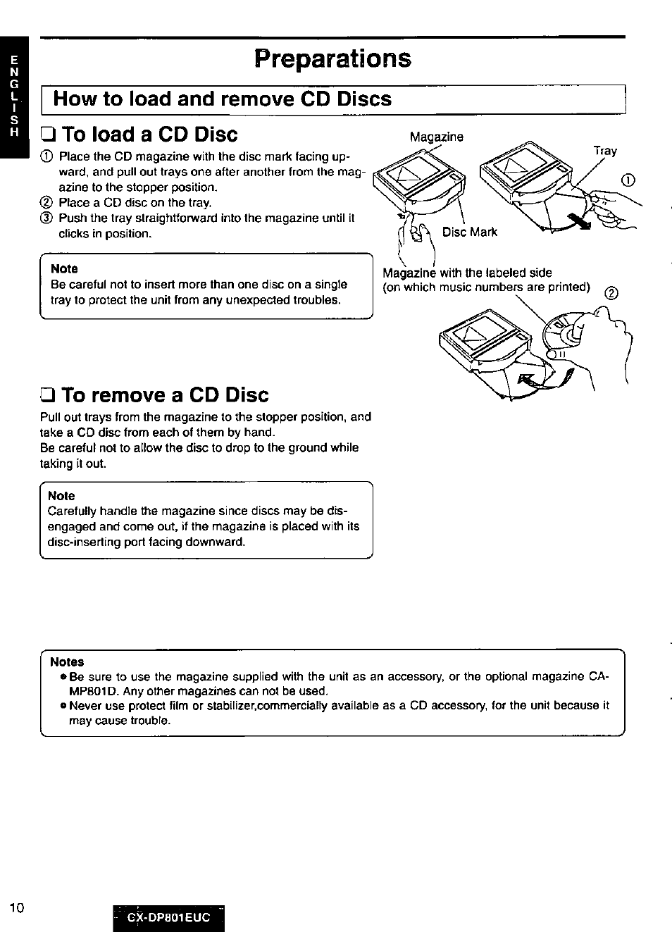 Preparations, How to load and remove cd discs, To load a cd disc | To remove a cd disc | Panasonic 8-DISC CD CHANGER CX-DP801EUC User Manual | Page 10 / 44