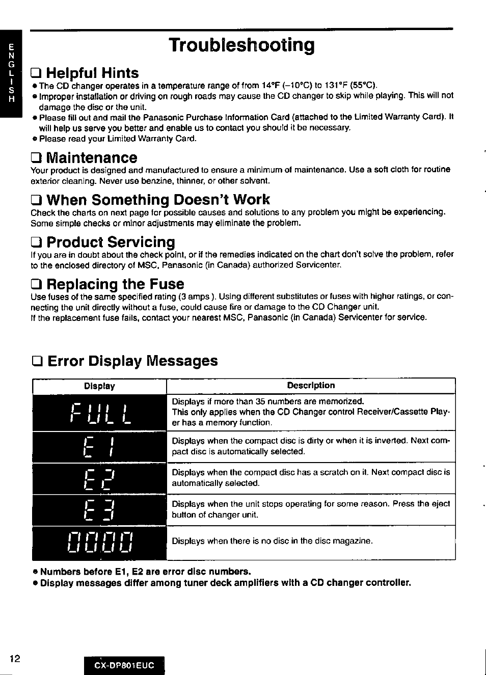 Troubleshooting, Helpful hints, Maintenance | When something doesn’t work, Product servicing, Replacing the fuse, Error display messages, U u u u, Error display messages r | Panasonic 8-DISC CD CHANGER CX-DP801EUC User Manual | Page 12 / 44