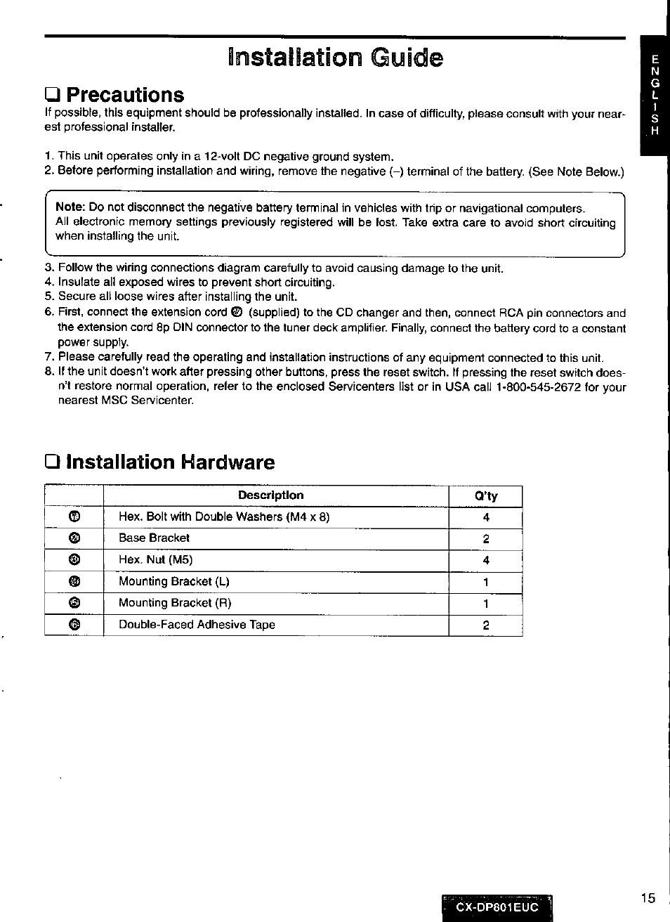 Installation guide, Precautions, Installation hardware | Preparations | Panasonic 8-DISC CD CHANGER CX-DP801EUC User Manual | Page 15 / 44