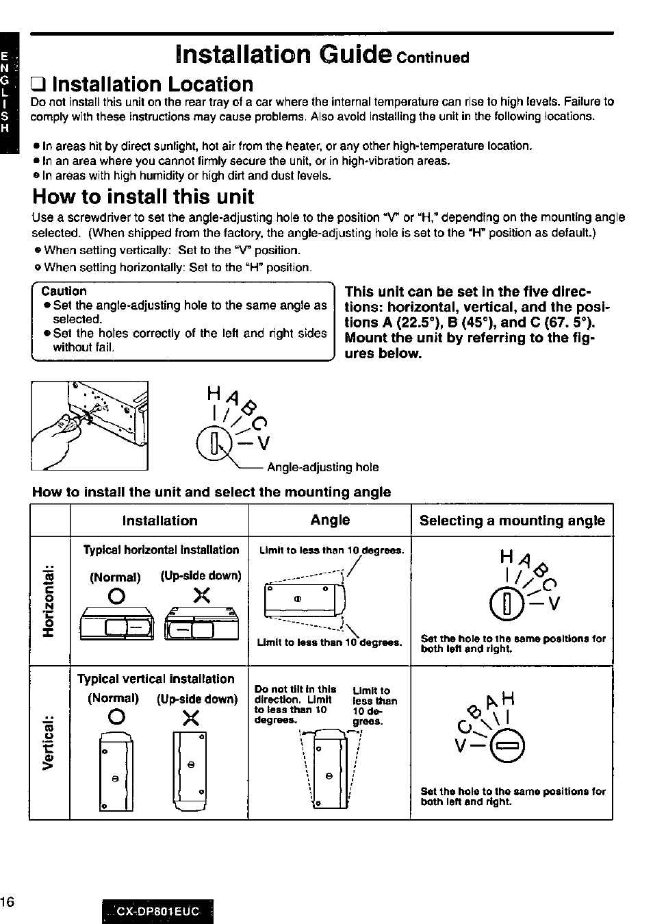 Installation guide continued, Installation location, How to install this unit | Panasonic 8-DISC CD CHANGER CX-DP801EUC User Manual | Page 16 / 44