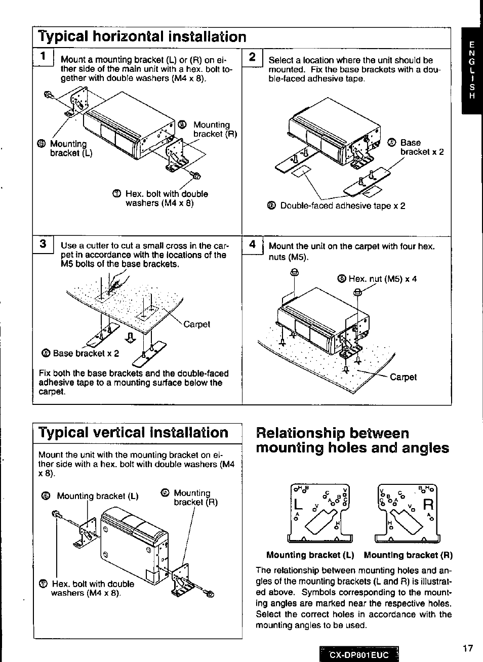 Typical horizontal installation, Typical vertical installation, Relationship between mounting holes and angles | Panasonic 8-DISC CD CHANGER CX-DP801EUC User Manual | Page 17 / 44