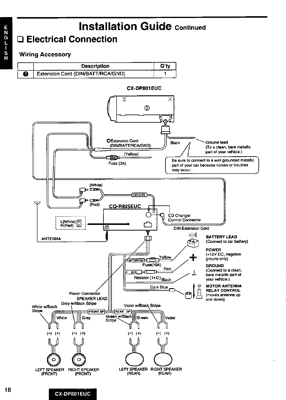 Installation guide continued, Electrical connection | Panasonic 8-DISC CD CHANGER CX-DP801EUC User Manual | Page 18 / 44