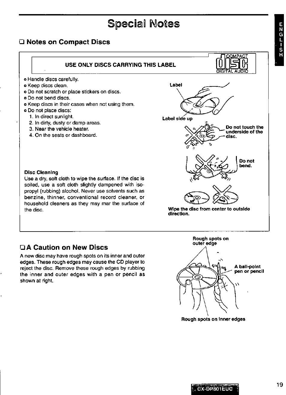 Special fmoies, Notes on compact discs, A caution on new discs | Panasonic 8-DISC CD CHANGER CX-DP801EUC User Manual | Page 19 / 44