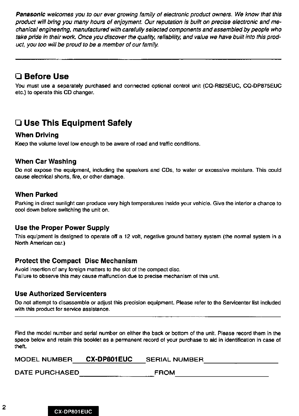 Before use, Use this equipment safely | Panasonic 8-DISC CD CHANGER CX-DP801EUC User Manual | Page 2 / 44