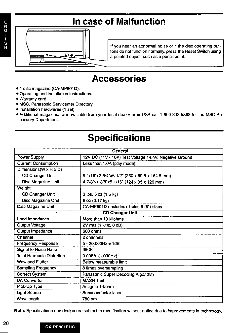 In case of malfunction, Specifications | Panasonic 8-DISC CD CHANGER CX-DP801EUC User Manual | Page 20 / 44